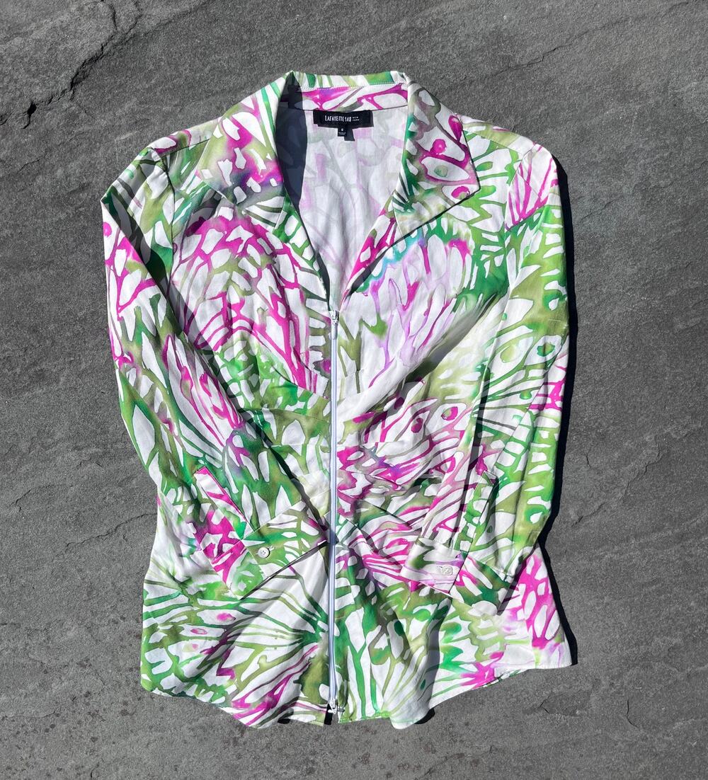 Lafayette 148 NY Abstract Floral Palm Zip Jacket Blouse Green Pink White Sz 6
